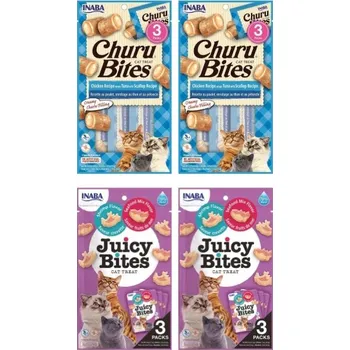 Pamlsek pro kočku Inaba Cat Churu Bites pamlsek z kuřecího masa tuňáka a hřebenatek kočka 3x10g