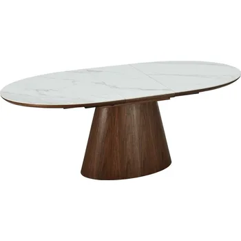 Jídelní stůl Art deco oválný rozkládací jídelní stůl Marmol Lignia s mramorovým vzhledem a kuželovou tmavě hnědou nohou 160-200 cm