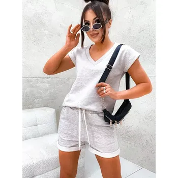 Béžový melanžový dámský letní bavlněný komplet (VE87) odstíny béžové S (36)