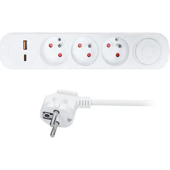 Prodlužovací kabel Solight prodlužovací přívod 3 zásuvky, USB A+C 20W PD, 3m, 3 x 1mm2, bílý, vypínač