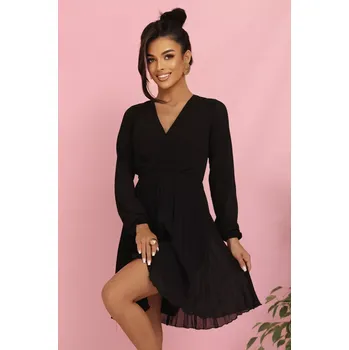 Dámské oblečení 313-17 ISABELLE Polsko plisované šaty s dlouhými rukávy a výstřihem - BLACK XS