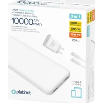 Powerbanka PLATINET POWER BANK 10000 mAh + PD CHARGER 20W + USB-C kabel bílá
