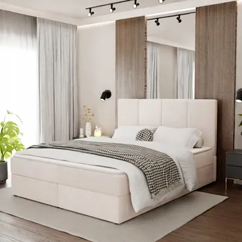 Postel Čalouněná dvoulůžková postel s úložným prostorem krémová 140x200