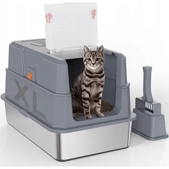 Toaleta pro kočku SZEE Uzavřená kočičí toaleta z nerezové oceli - šedá 58 x 34 x 38 XXL
