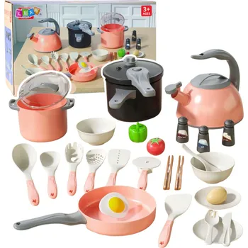 Dětské zboží LEAN Toys Dětská kuchyňská sada – hrnce, vaření, příslušenství, jídlo, růžové, 32 ks