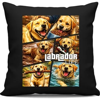 Žertovný předmět Labrador life - černý polštář s potiskem- Tričkový.cz