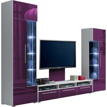 Obývací stěna MOB Ramon II (bílá + fialová) (s osvětlením)