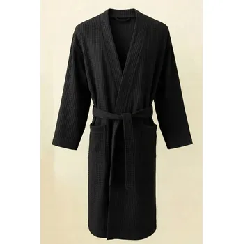 Dámský župan ŽUPAN BAVLNĚNÝ dámský/pánský VAZANÝ UNISEX VAFLE KIMONO GOFR ČERNÝ XS