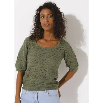 Dámský svetr Ažurový pulovr s rukávy k loktům khaki 38/40