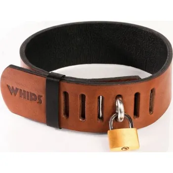 Pánské erotické prádlo Whips Primal Bond Collar With Padlock Small Brown, kožený obojek se zámkem pro obvod 31–40 cm