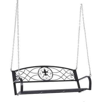 Zahradní houpačka Zahradní houpačka Outsunny Hollywood odolná proti povětrnostním vlivům 2místná závěsná lavice s řetězy kovová černá 132 x 63 x 58 cm pro zahradu a terasu | Aosom.de