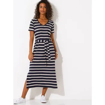 Dámské šaty Pruhované midi šaty s páskem a výstřihem do V nám. modrá/režná 50