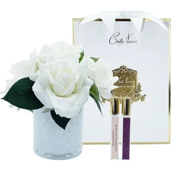 umělá květina Côte Noire - Herringbone kytice 5 růží s parfémy White Roses v bílé váze