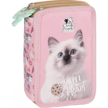 Penál Školní penál s vybavením tříkomorový Cleo Frank Kočka pro dívku