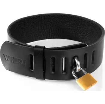 Pánské erotické prádlo Whips Primal Bond Collar With Padlock Large Black, kožený obojek se zámkem pro obvod 38–47 cm