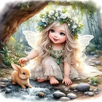Diamantové malování Diamantové malování/Homfun - Motýlí víla a zajíček u potoka + perleťové kamínky NOVINKA