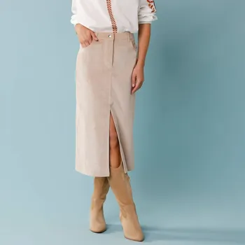 Dámská móda Dlouhá manšestrová sukně, pro malou postavu písková 34