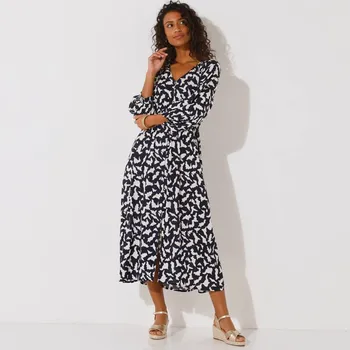 Dámské šaty Jednobarevné dlouhé kreponové šaty na knoflíky, s dvoubarevným potiskem nám. modrá/režná 48