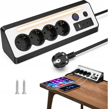 Napájecí kabel ZÁSUVKOVÁ LIŠTA 4 STOLNÍ NÁBYTKOVÁ ZÁSUVKA PRODLUŽOVACÍ KABEL 1.5 M