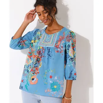 Dámská móda Halenka s výšivkou a květinovým potiskem modrá/korálová 48