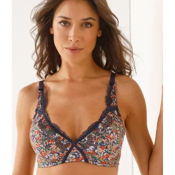 Podprsenka Podprsenka Olbia s překříženými lemovkami ze strečové bavlny s ažurovou výšivkou a potiskem květin, bez kostic nám. modrá 85C