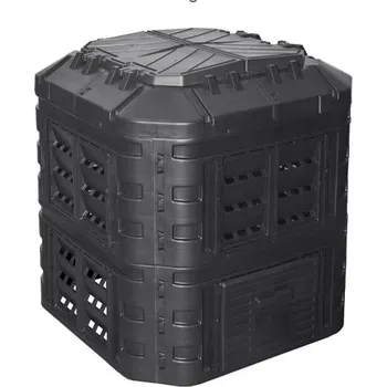 Kompostér Zahradní plastový kompostér na trávu a bioodpad, víko + dvířka, černý, 600 L