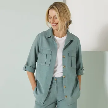 Košile s 3/4 rukávy na ohrnutí, plátno z bavlny a lnu tyrkysová 46