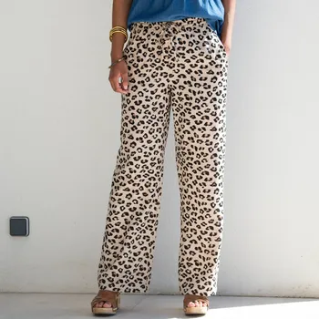 Dámské kalhoty Splývavé kalhoty s vysokým pružným pasem a leopardím potiskem béžová/hnědošedá 40