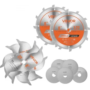 Pilový kotouč Sada pilových kotoučů VEVOR Dado, průměr 203 mm, 12 ostrých slitinových zubů, upínací hřídel 15,875 mm, jemný povrch, stohovací pilové kotouče Dado s štěpkovači a podložkami, odhlučňující tepelné otvory, pro řezání překližky, OSB a tvrdého dřeva
