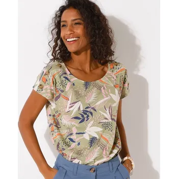 Dámské tričko Tričko s kokosovými knoflíky na ramenou a potiskem khaki/růžová 34/36