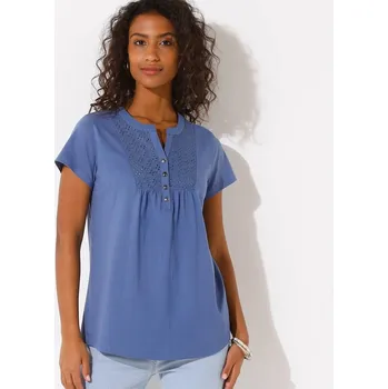 Tričko s krátkými rukávy a výstřihem na knoflíčky lemovaným madeirou modrá džínová 42/44