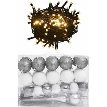 Vánoční dekorace vidaXL 60dílná sada vánočních koulí se špicí a 150 LED bílá a šedá [330097] Barva: Bílo-šedá