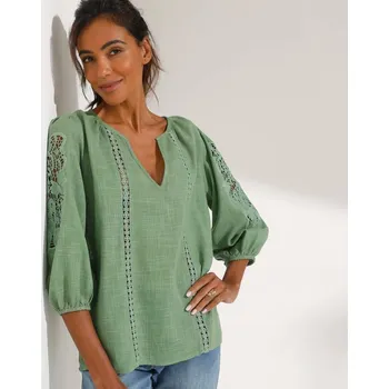 Dámská halenka Halenka se 7/8 rukávy a ažurovou výšivkou khaki 46