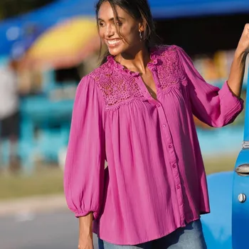 Dámská halenka Kreponová halenka s macramé a 7/8 rukávy indická růžová 42