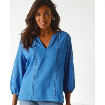 Dámská halenka Halenka se 7/8 rukávy a ažurovou výšivkou modrá 38