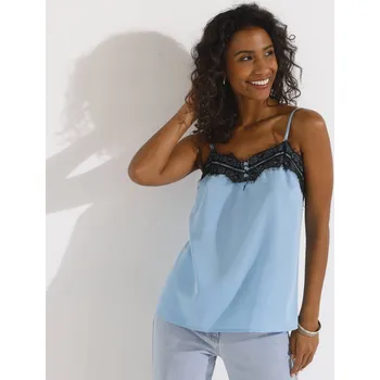 Dámská móda Top s krajkou a úzkými ramínky nebeská modrá/černá 52