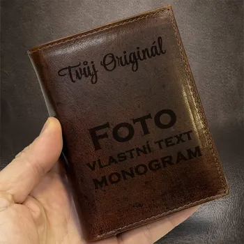 Peněženka Prémiová tmavě hnědá kožená peněženka na výšku se zapínáním | Laserové gravírování, text nebo fotografie Vyberte variantu: bez jakékoliv úpravy + Akce - zlatá mince Pro štěstí ZDARMA