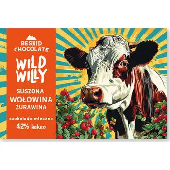Čokoláda BESKID CHOCOLATE Mléčná čokoláda 42 % Wild Willy se sušeným hovězím masem v brusinkách