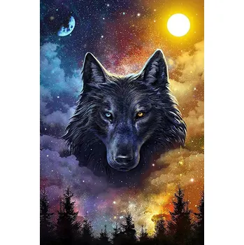 Diamantové malování Diamond painting/HOMFUN - Černý vlk, slunce a měsíc