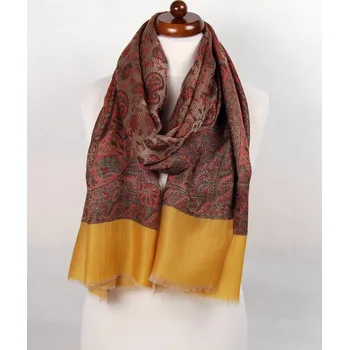 Šála Kašmírská vlněná pašmína Khani Jamavar exclusive červeno-šedohnědá se žlutou