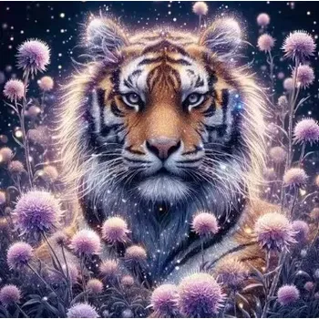Diamantové malování Diamantové malování/Homfun - Tygr a fialové bodlinky + třpytivé kamínky