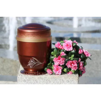 Smuteční dekorace Urna hliníková měděné barvy se zlatým pruhem