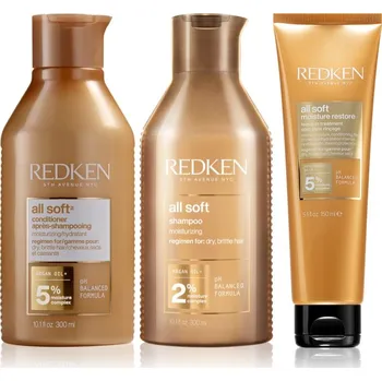 Redken All Soft Redken All Soft vyživující šampon pro suché a křehké vlasy 300 ml + Redken All Soft vyživující kondicionér pro suché a křehké vlasy 300 ml + Redken All Soft posilující bezoplachová péče pro výživu a hydrataci 150 ml