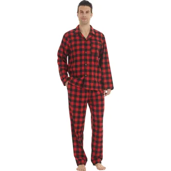 Pánské pyžamo triko dlouhý rukáv a kalhoty s límečkem Knoflíkové zapínání Bavlna a polyester Kostkované domácí pyžamo červená M
