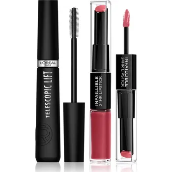 Přípravek na rty L’Oréal Paris Telescopic L’Oréal Paris Infallible 24H dlouhotrvající rtěnka a lesk na rty 2 v 1 5.7 g + L’Oréal Paris Telescopic Lift řasenka pro objem a natočení řas 9.9 ml