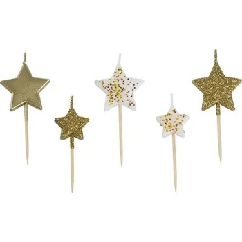Svíčka Zlaté dortové svíčky Hvězdy s glitry | 5 ks, mix velikostí
