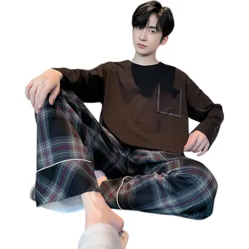 Pánské pyžamo Pánské pyžamo dlouhý rukáv a kostkované kalhoty O výstřih Polyester Spandex Hnědé pohodlné pyžamo s kapsičkou L