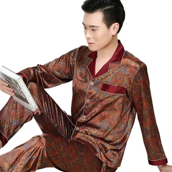 Pánská móda Pánské pyžamo dlouhý rukáv a kalhoty s límečkem Knoflíkové zapínání Kapsička Polyester Vínové s ornamenty M