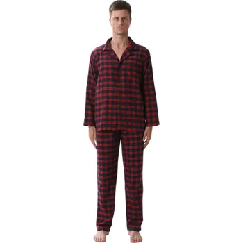 Pánská móda Pánské pyžamo triko dlouhý rukáv a kalhoty s límečkem Knoflíkové zapínání Bavlna a polyester Vínové kostkované pyžamo M