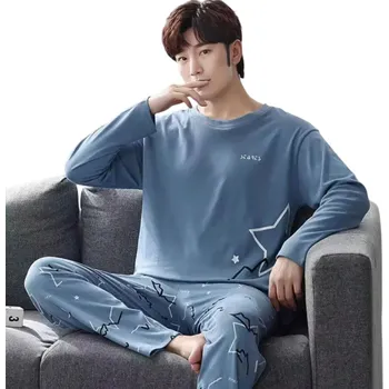 Pánské pyžamo Pánské pyžamo dlouhý rukáv a kalhoty O výstřih Polyester Spandex Modré pyžamo s nápisem na hrudi a motivem hvězd S